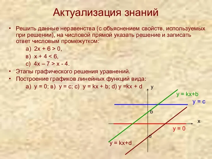 Актуализация знаний Решить данные неравенства (с объяснением свойств, используемых при решении),