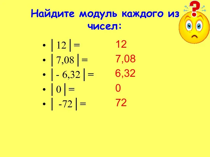 Найдите модуль каждого из чисел: 12 7,08 6,32 0 72 │12│=