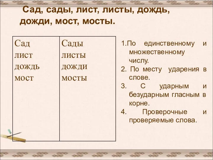 Сад, сады, лист, листы, дождь, дожди, мост, мосты. 1.По единственному и