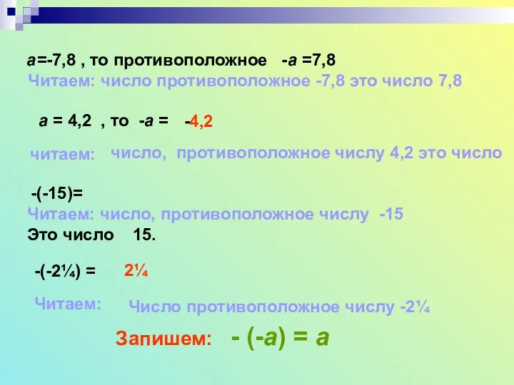 а=-7,8 , то противоположное -а =7,8 Читаем: число противоположное -7,8 это