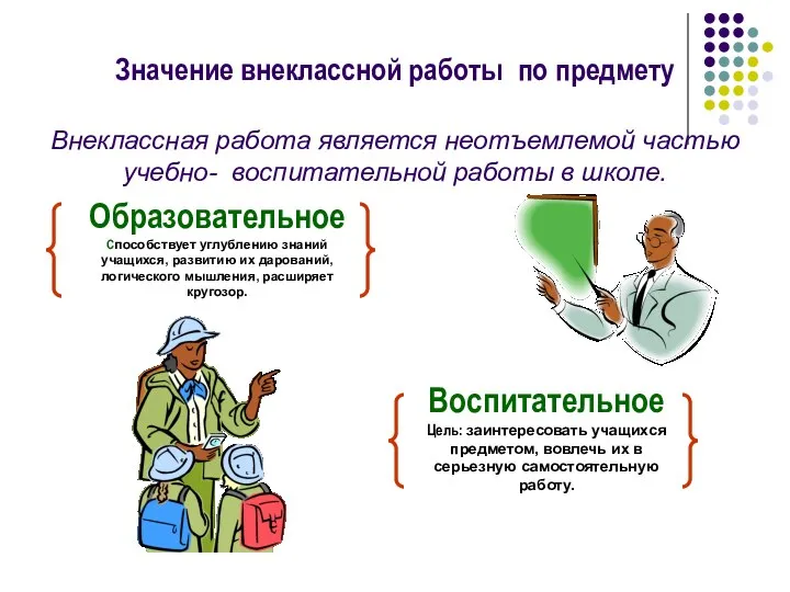 Значение внеклассной работы по предмету Внеклассная работа является неотъемлемой частью учебно-