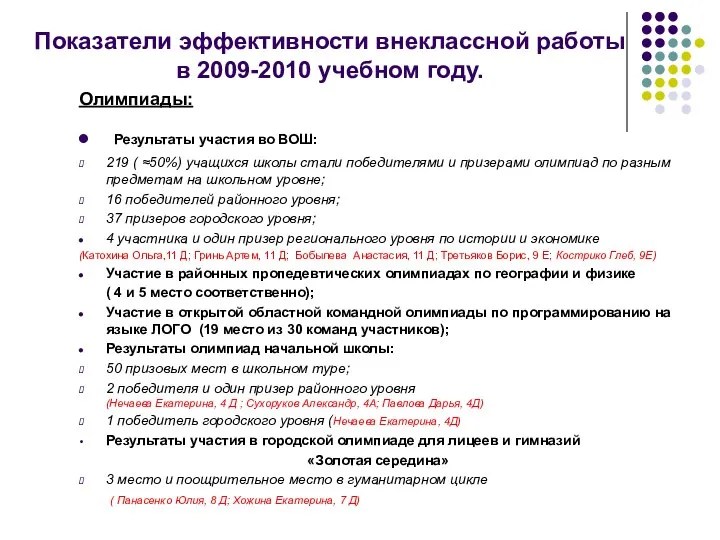 Показатели эффективности внеклассной работы в 2009-2010 учебном году. Олимпиады: Результаты участия