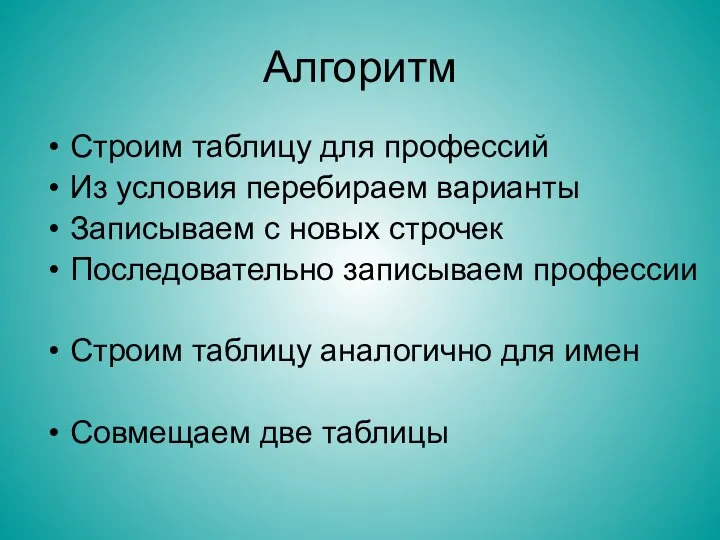 Алгоритм Строим таблицу для профессий Из условия перебираем варианты Записываем с