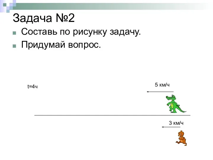 Задача №2 Составь по рисунку задачу. Придумай вопрос. 3 км/ч 5 км/ч t=4ч