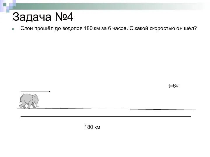 Задача №4 Слон прошёл до водопоя 180 км за 6 часов.