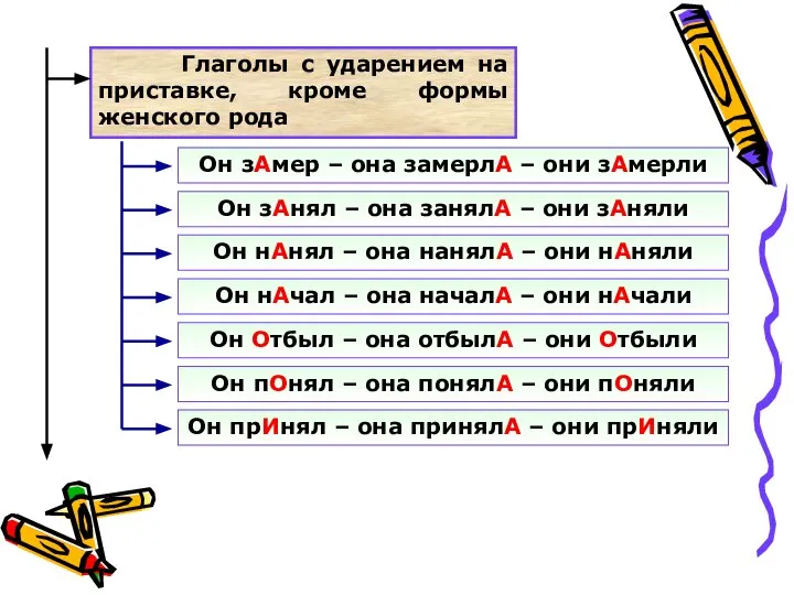 Глаголы с ударением на приставке, кроме формы женского рода Он зАмер