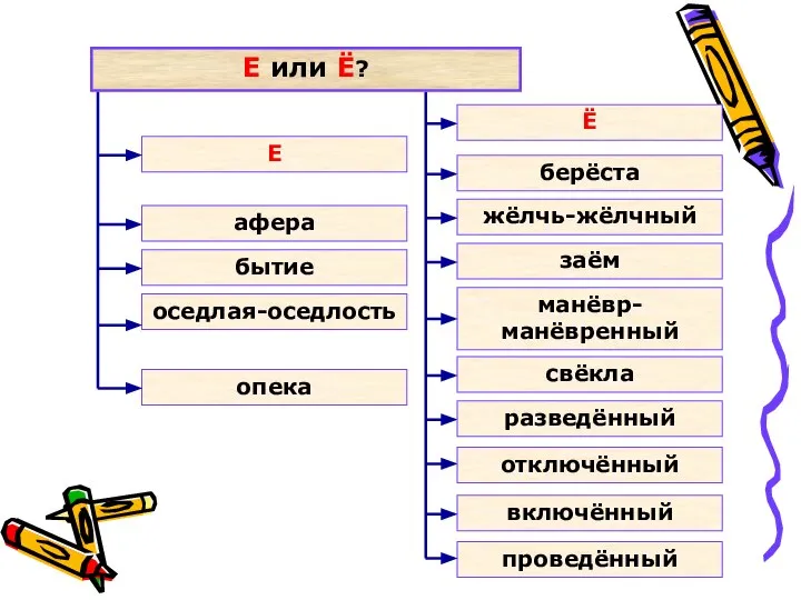 Е или Ё? афера Е Ё бытие оседлая-оседлость опека берёста жёлчь-жёлчный