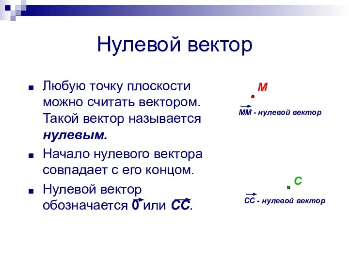 Нулевой вектор Любую точку плоскости можно считать вектором. Такой вектор называется