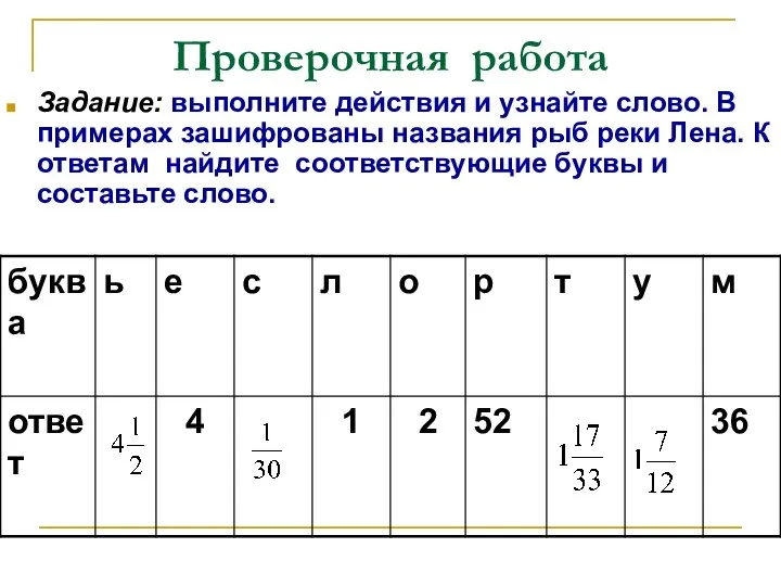 Проверочная работа Задание: выполните действия и узнайте слово. В примерах зашифрованы