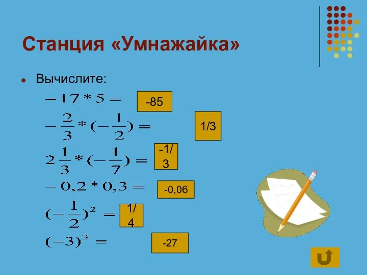 Станция «Умнажайка» Вычислите: -85 1/3 -1/3 -0,06 1/4 -27