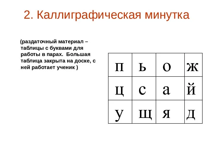 2. Каллиграфическая минутка (раздаточный материал – таблицы с буквами для работы