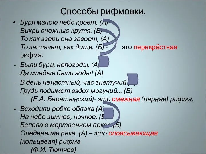 Способы рифмовки. Буря мглою небо кроет, (А) Вихри снежные крутя. (Б)