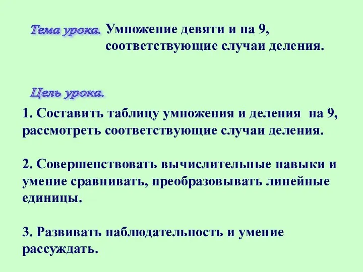 Тема урока. 1. Составить таблицу умножения и деления на 9, рассмотреть