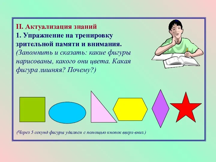 II. Актуализация знаний 1. Упражнение на тренировку зрительной памяти и внимания.