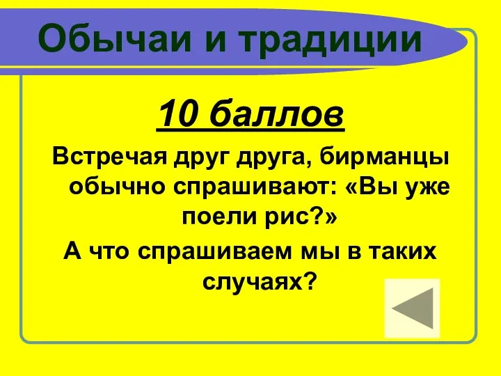 Обычаи и традиции 10 баллов Встречая друг друга, бирманцы обычно спрашивают: