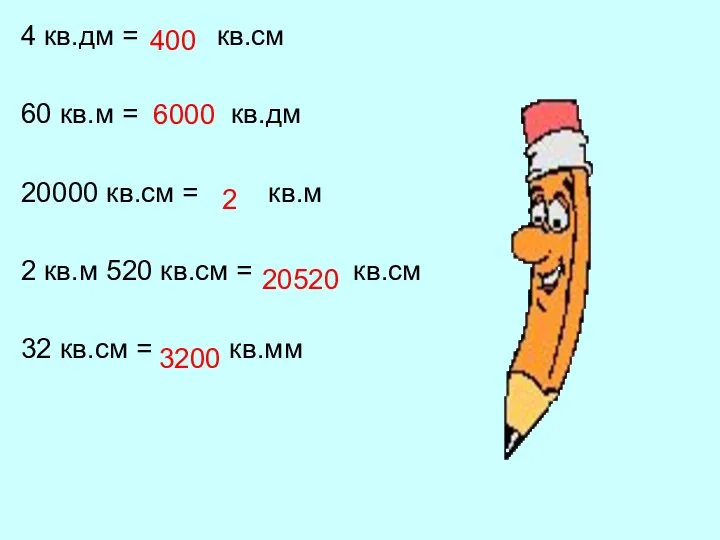 400 4 кв.дм = кв.см 60 кв.м = кв.дм 20000 кв.см