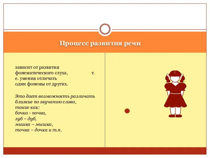 Процесс развития речи зависит от развития фонематического слуха, т.е. умения отличать