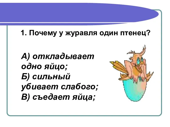 1. Почему у журавля один птенец? А) откладывает одно яйцо; Б)