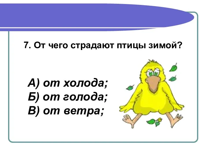 7. От чего страдают птицы зимой? А) от холода; Б) от голода; В) от ветра;