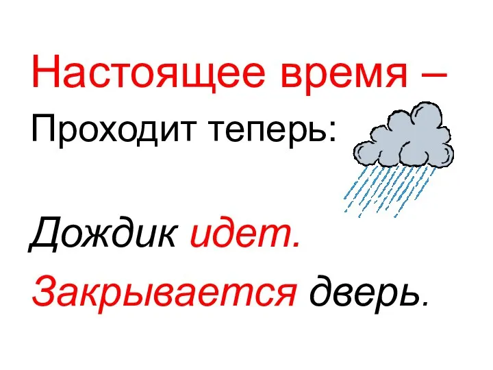 Настоящее время – Проходит теперь: Дождик идет. Закрывается дверь.