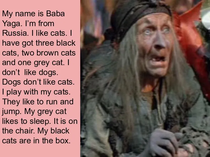 My name is Baba Yaga. I’m from Russia. I like cats.