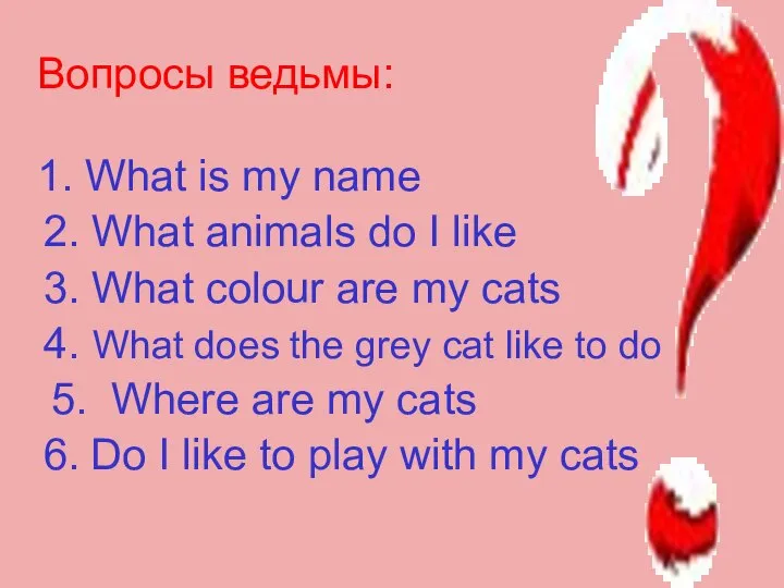 Вопросы ведьмы: 1. What is my name 2. What animals do