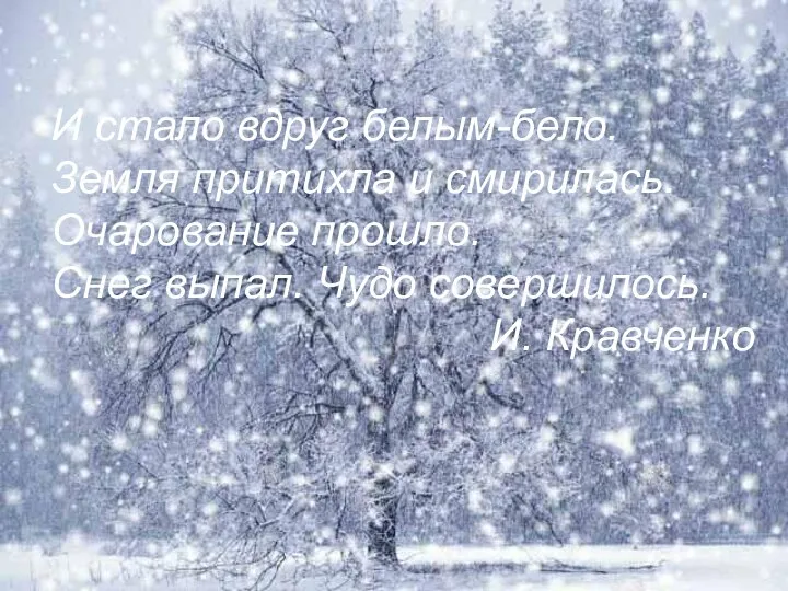 И стало вдруг белым-бело. Земля притихла и смирилась. Очарование прошло. Снег выпал. Чудо совершилось. И. Кравченко