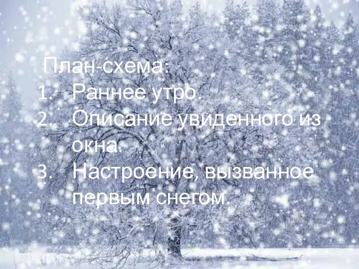 План-схема: Раннее утро. Описание увиденного из окна. Настроение, вызванное первым снегом.