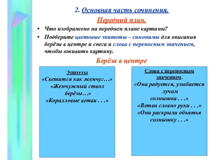 2. Основная часть сочинения. Передний план. Что изображено на переднем плане