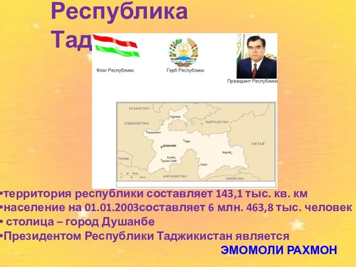 Республика Таджикистан территория республики составляет 143,1 тыс. кв. км население на