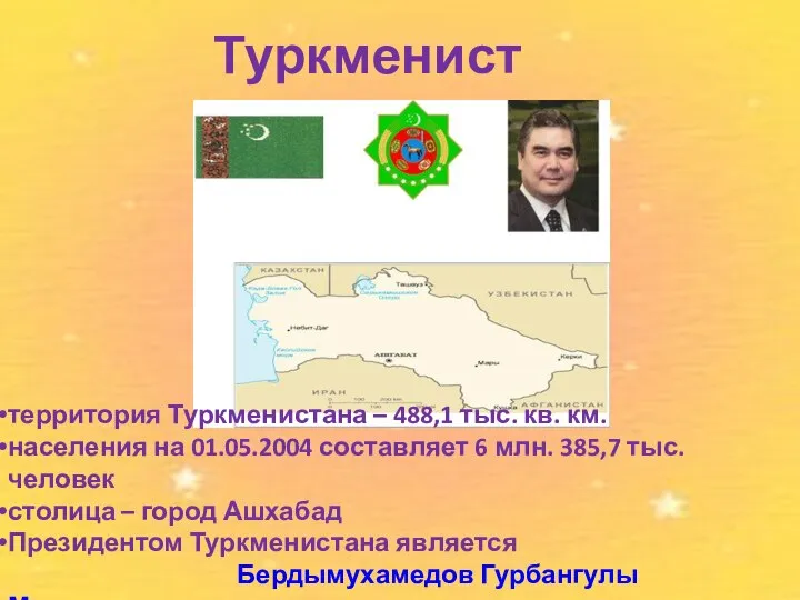 Туркменистан территория Туркменистана – 488,1 тыс. кв. км. населения на 01.05.2004