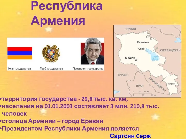 Республика Армения территория государства - 29,8 тыс. кв. км, населения на