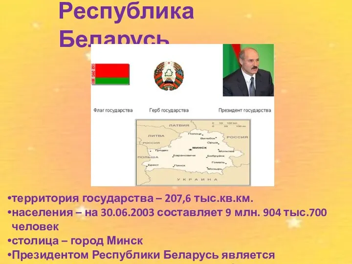 Республика Беларусь территория государства – 207,6 тыс.кв.км. населения – на 30.06.2003