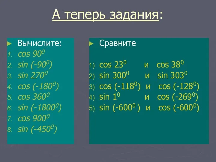 А теперь задания: Вычислите: cos 900 sin (-900) sin 2700 cos