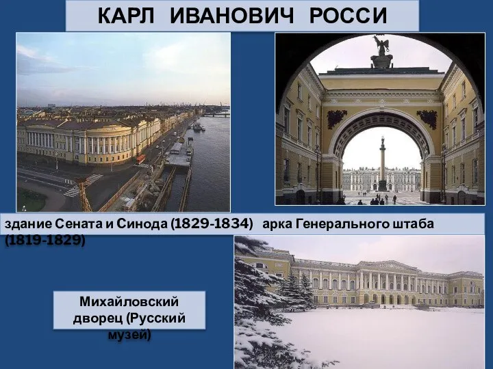 КАРЛ ИВАНОВИЧ РОССИ здание Сената и Cинода (1829-1834) арка Генерального штаба (1819-1829) Михайловский дворец (Русский музей)