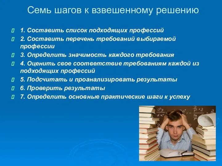 Семь шагов к взвешенному решению 1. Составить список подходящих профессий 2.