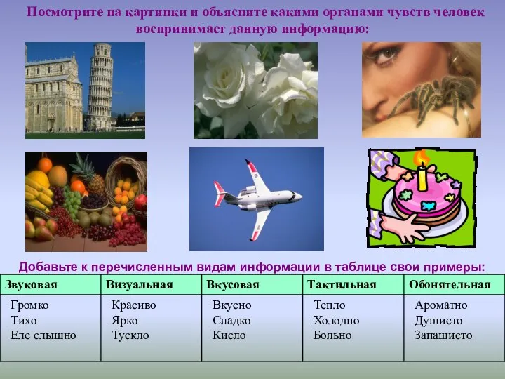 Посмотрите на картинки и объясните какими органами чувств человек воспринимает данную