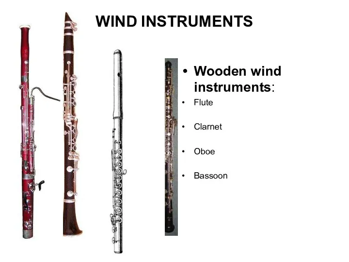 WIND INSTRUMENTS Wooden wind instruments: Flute Clarnet Oboe Bassoon