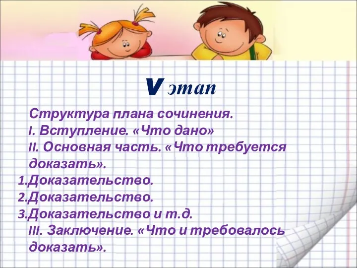 V этап Структура плана сочинения. I. Вступление. «Что дано» II. Основная