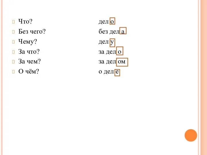 Что? Без чего? Чему? За что? За чем? О чём? дел
