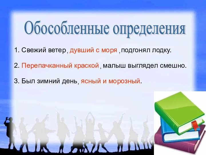 Обособленные определения 1. Свежий ветер дувший с моря подгонял лодку. ,