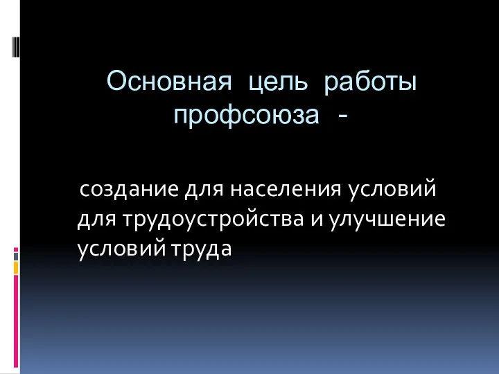 Основная цель работы профсоюза - создание для населения условий для трудоустройства и улучшение условий труда