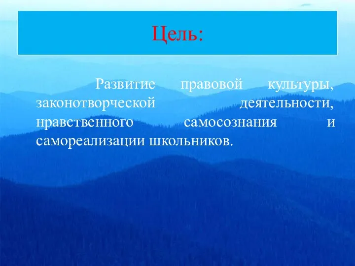 Цель: Развитие правовой культуры, законотворческой деятельности, нравственного самосознания и самореализации школьников.