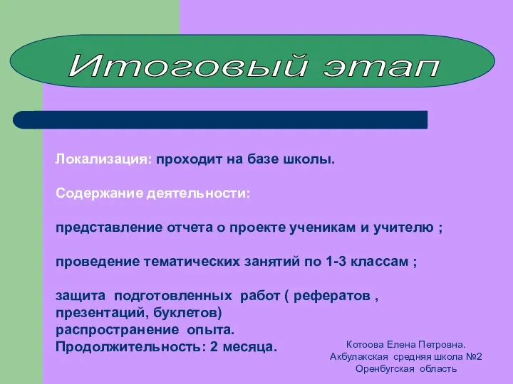 Итоговый этап Локализация: проходит на базе школы. Содержание деятельности: представление отчета