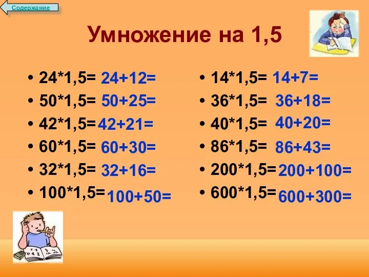 Умножение на 1,5 24*1,5= 50*1,5= 42*1,5= 60*1,5= 32*1,5= 100*1,5= 14*1,5= 36*1,5=