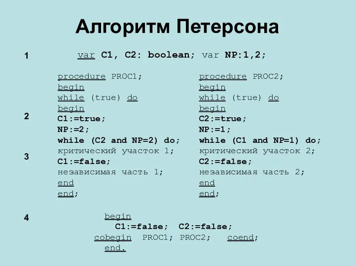 Алгоритм Петерсона var C1, C2: boolean; var NP:1,2; begin C1:=false; C2:=false;