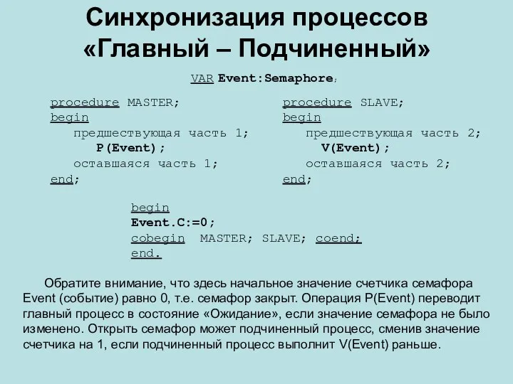 Синхронизация процессов «Главный – Подчиненный» VAR Event:Semaphore; begin Event.C:=0; cobegin MASTER;