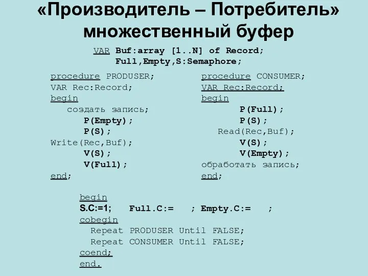 «Производитель – Потребитель» множественный буфер VAR Buf:array [1..N] of Record; Full,Empty,S:Semaphore;