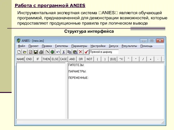 Работа с программой ANIES Структура интерфейса Инструментальная экспертная система ANIES является