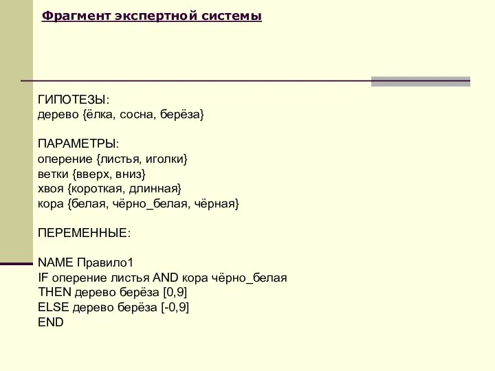 Фрагмент экспертной системы ГИПОТЕЗЫ: дерево {ёлка, сосна, берёза} ПАРАМЕТРЫ: оперение {листья,